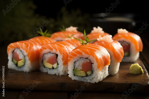Sushi with salmon. AI