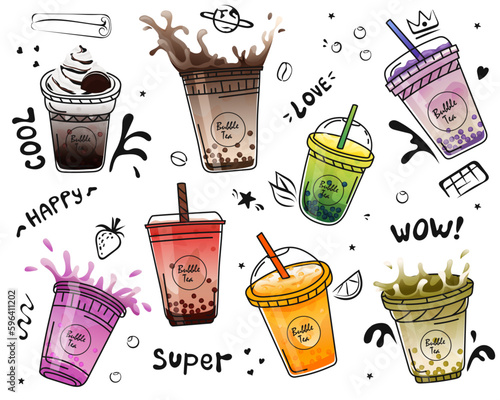 Bubble tea cup design collection. Pearl milk tea , Boba milk tea, Yummy drinks, coffees with doodle style banner