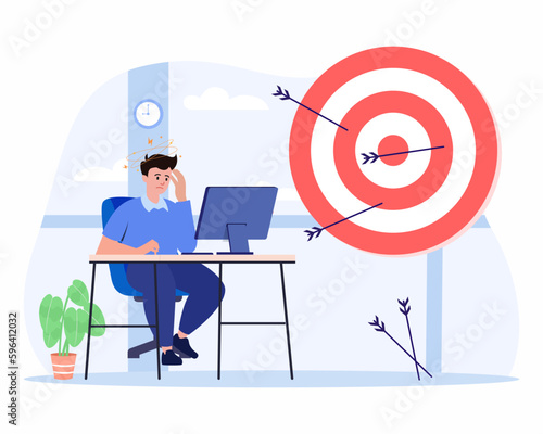 frustrated businessman are sitting at table and missed all business target, Arrow on the floor, big mistake concept of poor time management.