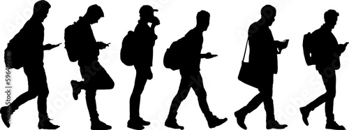 "Traveling with Technology: A Set of Silhouettes" "Silhouettes of Mobile Commuters on the Move" "Mobile-Enabled Travel: A Collection of Walking Silhouettes"