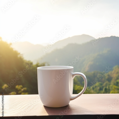 A white coffee mug sits on a table in front of a mountain range.