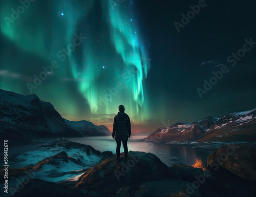 Aurora, A Person Stands in Awe of the Vivid Aurora Borealis, Graphical resource, Background, Wanderlust, Travel. Generative AI