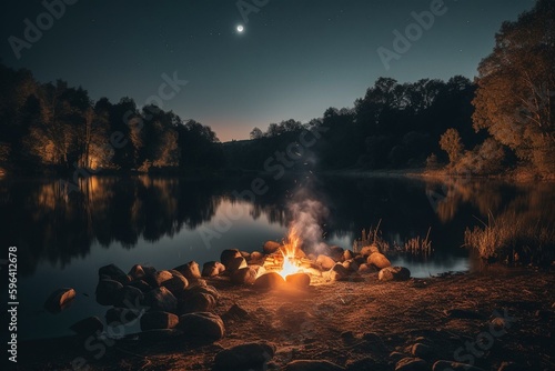 Lake-side campfire on a full moon night. Generative AI