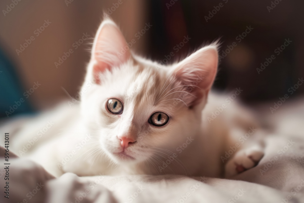 A white kitten lies on a bed on a soft fluffy blanket. A pet in a city apartment. Love for animals, care and concern