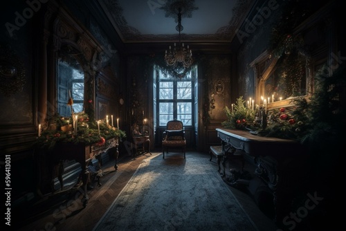 Antique chamber adorned with festive evergreen. Generative AI