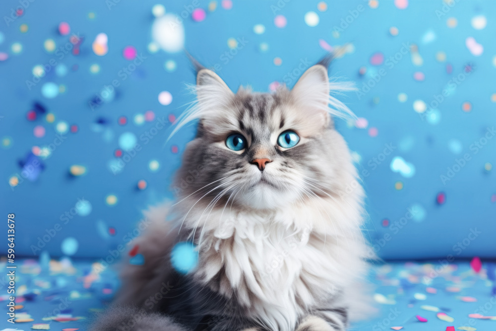 Cute little kitten, portrait, bright blue background with flying confetti. Template for postcard, layout with copy space, Cute little kitten, portrait, bright blue background with flying confetti. Template for postcard, layout with copy space,