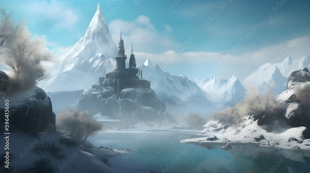 Fototapeta premium A lonely tower near a frozen lake.