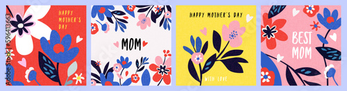 Mothers Day card set. Trendy posters, web banners or covers with flowers, bouquet, abstract floral patterns  illustration in mid century modern art style. Spring and summer bright abstract templates
