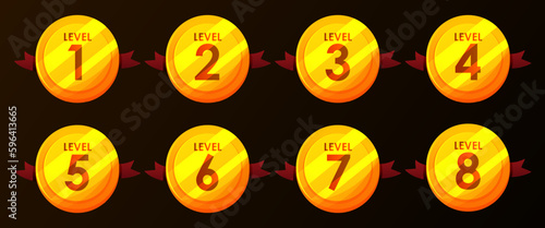 Game gold badges with level number. For game, user interface, banner, application, interface, slots, game development.
