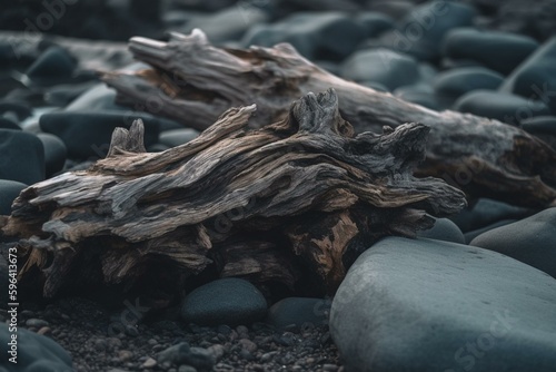 Driftwood resting on rocky surface. Generative AI