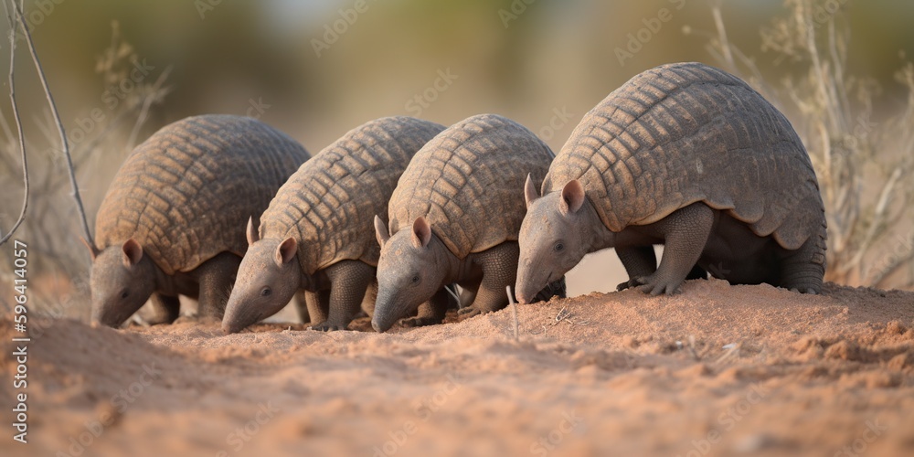 Fototapeta premium A family of armadillos digging burrows in a dry desert, concept of Animal habitats, created with Generative AI technology