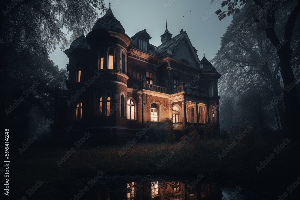 Eerie dark mansion in the evening. Generative AI