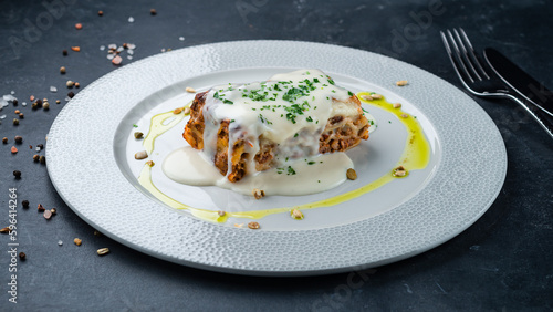Bild auf Leinwand Italian lasagna with bechamel sauce and bolognese.
