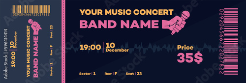 Party or Music Concert ticket template with barcode. Microphone and waveform graphic design elements. Vector.