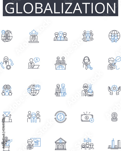 Globalization line icons collection. Urbanization, Digitization, Modernization, Commercialization, Industrialization, Internationalization, Integration vector and linear illustration. Generative AI