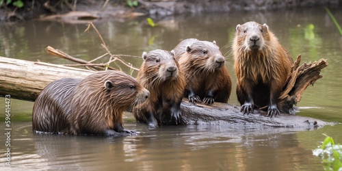 A family of beavers building a dam in a river, concept of Ecosystem engineering, created with Generative AI technology © koldunova
