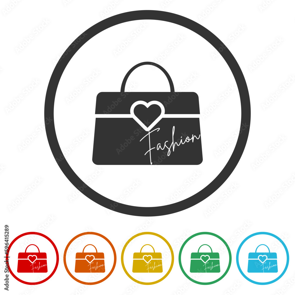Women bag, Fashion logo. Set icons in color circle buttons Women bag, Fashion logo. Set icons in color circle buttons