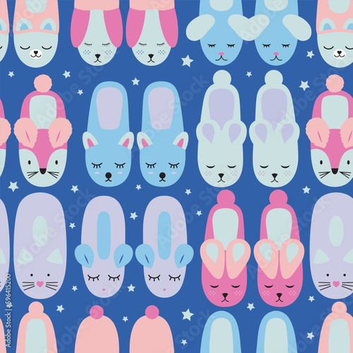 Seamless pattern with cute slippers with faces in night sleep on a blue background with stars. Cartoon home shoes. Vector illustration for wrapping paper,  baby textile, print, fabric.