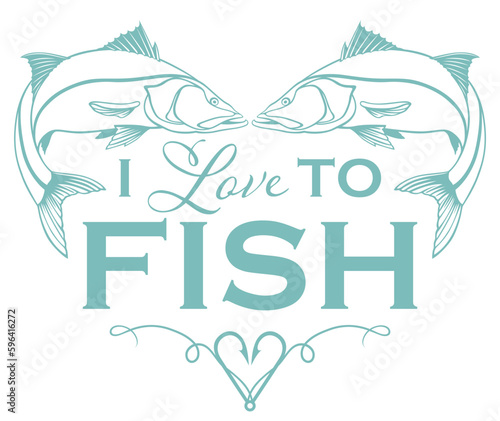 I love to fish, heart shape fishing design with snook, hooks, and text

