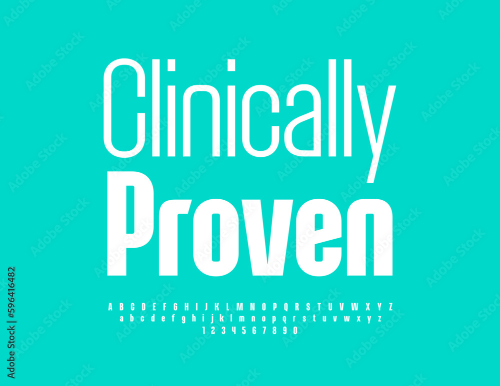 Vector healthcare badge Clinically Proven Simple style Alphabet Letters, Numbers and Symbols set. White minimalistic Font Vector healthcare badge Clinically Proven Simple style Alphabet Letters, Numbers and Symbols set. White minimalistic Font