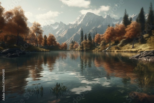 A digital artwork of a mountain lake. Generative AI