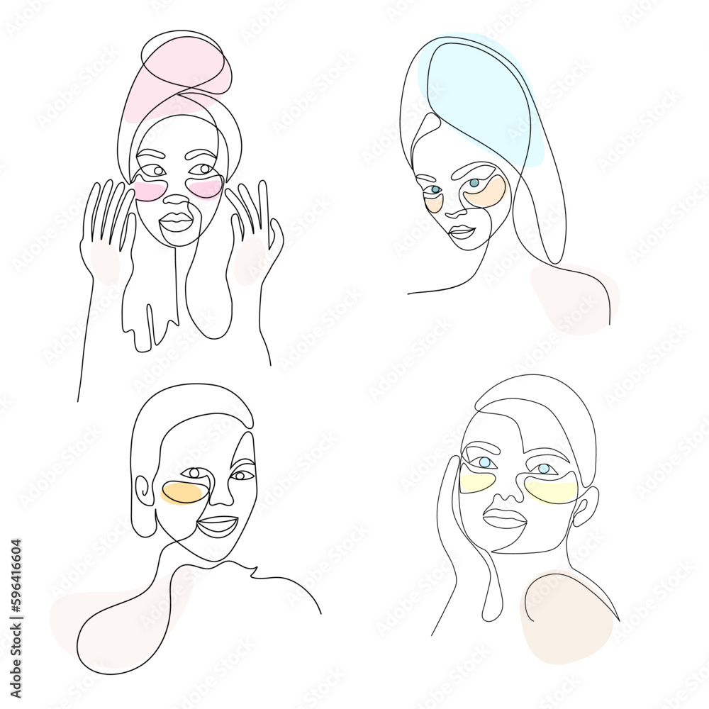Woman's face with patches under the eyes. Personal care, skin care, beauty treatments. One line drawing Woman's face with patches under the eyes. Personal care, skin care, beauty treatments. One line drawing