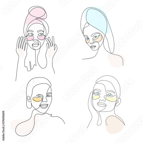 Woman's face with patches under the eyes. Personal care, skin care, beauty treatments. One line drawing