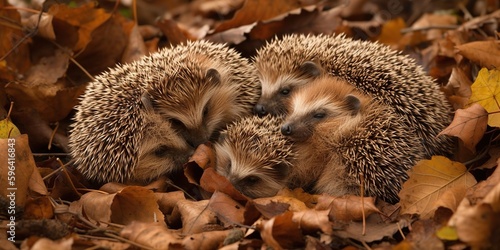 A family of hedgehogs sleeping in a pile of leaves  concept of Animal hibernation patterns  created with Generative AI technology