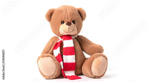 Fluffy brown teddy bear isolated on white background.