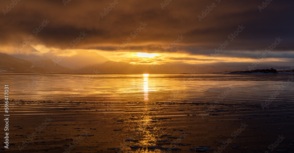 Fototapeta premium Winter sunrise in the fjords in Tromso