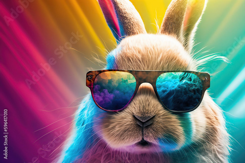 Cool bunny with sunglasses on colorful background, perfect wallpaper concept, created with Generative AI © Nacci
