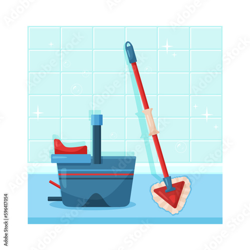 Flat bucket and mop stand near blue tiled wall. Red mop with brush and blue handy plastic container as kit for housekeeping. Vector cartoon illustration of house or office set for cleaning and washing