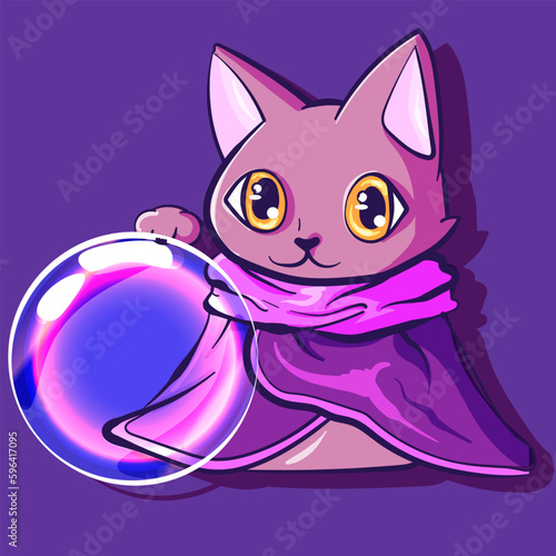 Digital art of a magic kitty holding a crystal ball. Vector of a wizard and fortune telling cat wearing a cape