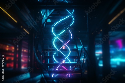 Bright neon light illuminates 3D double helix DNA molecule structure  highlighting genetic engineering and research of the future. Generative AI