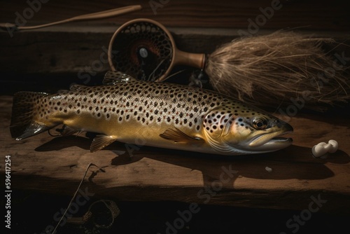 A brown trout and a fly fishing lure. Generative AI