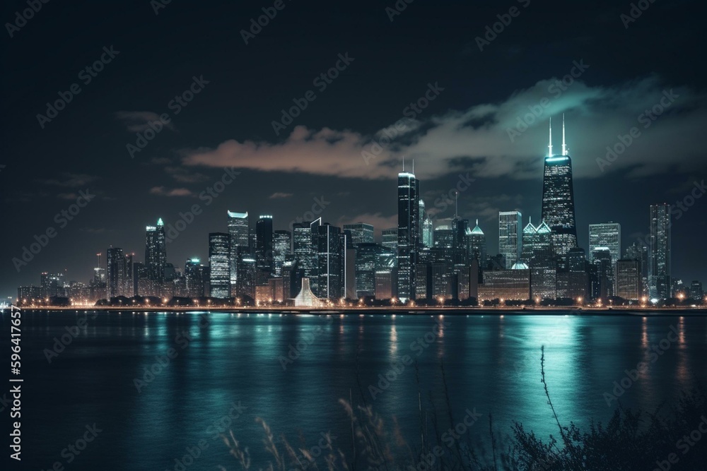 Chicago skyline and harbor seen from Adler Planetarium. Generative AI
