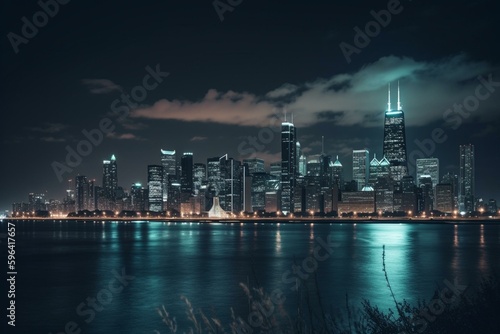 Chicago skyline and harbor seen from Adler Planetarium. Generative AI
