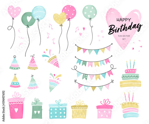 Set of hand drawn doodle birthday party design elements. Vector illustrations. Party decoration  balloons  gift box  cake with candles  confetti  party hats and decoration.