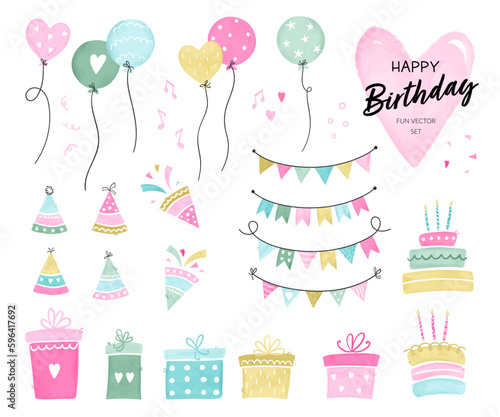 Set of hand drawn doodle birthday party design elements. Vector illustrations. Party decoration, balloons, gift box, cake with candles, confetti, party hats and decoration.