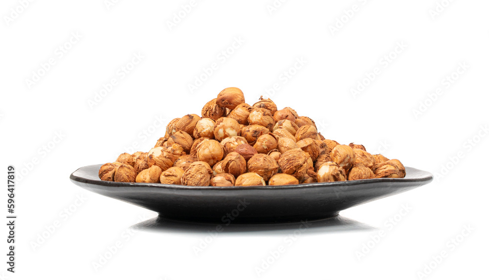 Fototapeta premium Nut Kernels, Hazelnuts Pile on Plate Isolated, Healthy Organic Nuts Group, Nut Kernels on White