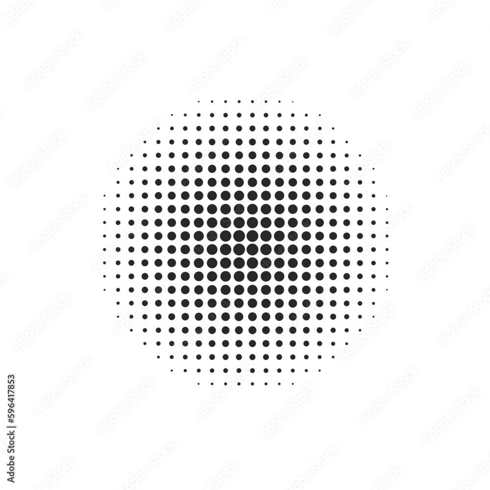 Halftone abstract dotted circle. Round halftones geometric dots gradient. Texture template. Vector illustration isolated.