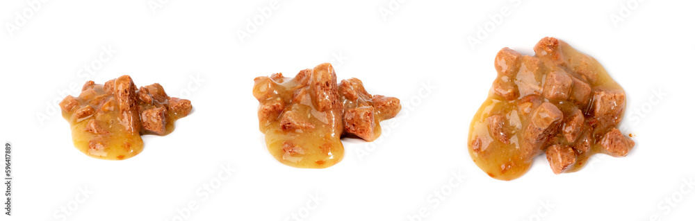 Wet Pet Food Isolated, Cat Diet, Puppy Food Brown Pieces Pile, Dog Meal on White Background