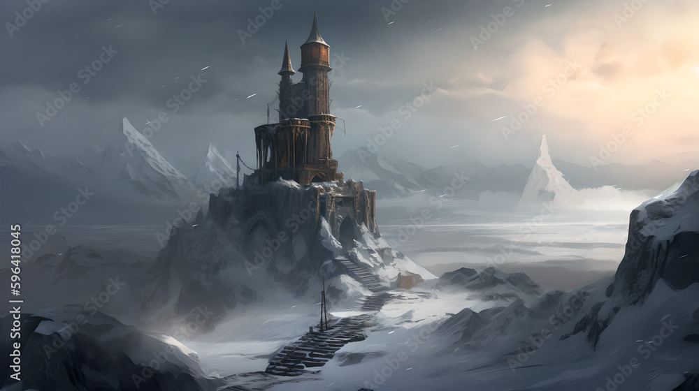 Fototapeta premium A lonely tower in a snowy mountain. Generative AI