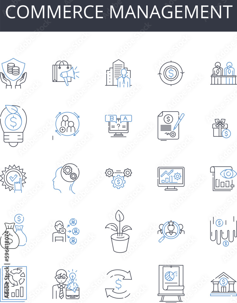 Commerce management line icons collection. Trade administration, Business governance, Marketing control, Industry oversight, Sales direction, corporate leadership, merchandise management Generative AI