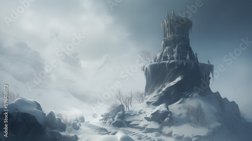 A lonely tower in a snowy mountain. Generative AI