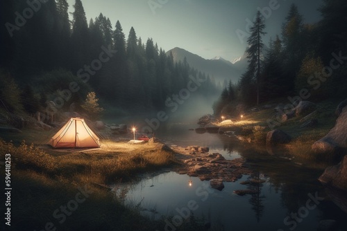 A depiction of a picturesque camping scene in a serene natural environment. Generative AI