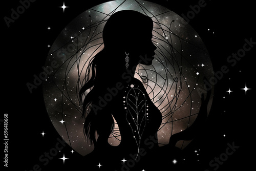 State of mind concept. Dream catcher and woman body and face silhouette illustrative background. Dark, minimalistic and futuristic looking style. Generative AI