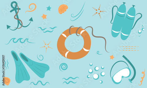 A set of diving items and decorative elements