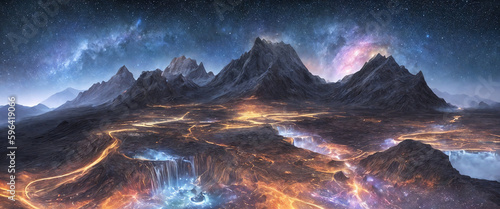 Fantasy planet, night sky on background. AI Generative © Olga Khoroshunova