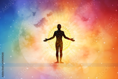 Wallpaper Illustration and background of people getting energized, chakra. Front View. Concept of energy, chakra. Generative AI.